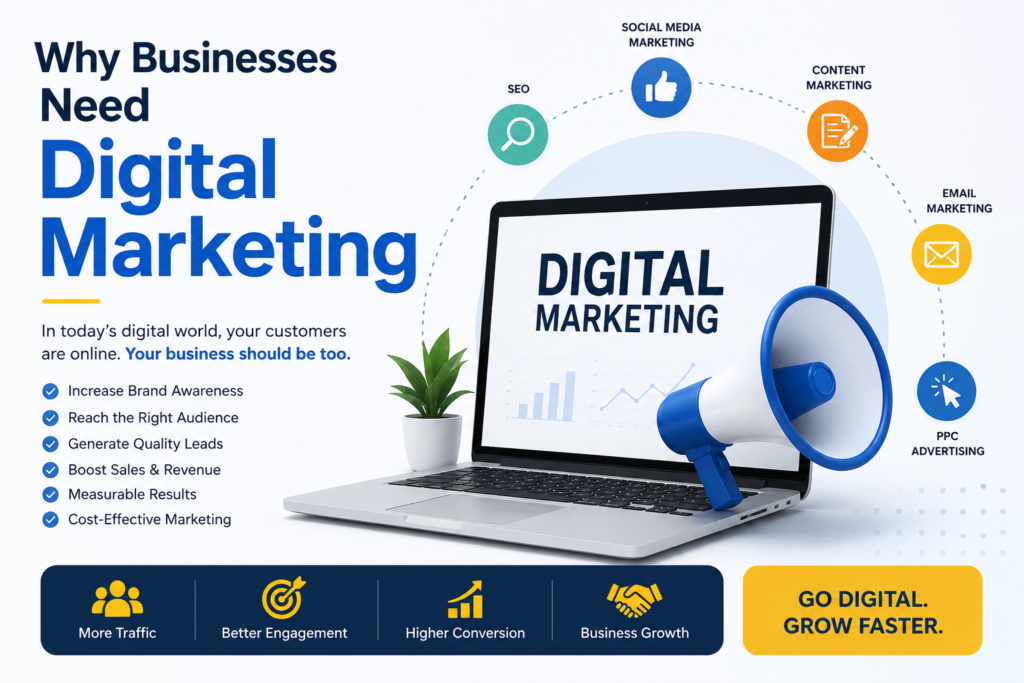 Professional digital marketing illustration explaining why businesses need digital marketing for SEO, social media marketing, online growth, lead generation, and brand awareness.
