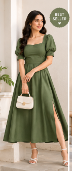 Women's olive green puff sleeve midi dress with stylish design