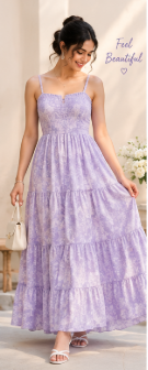 Women's lavender tiered dress with elegant floral pattern